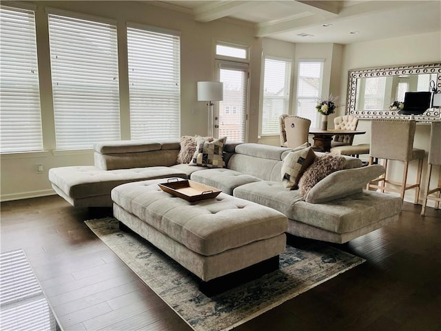 living room featuring beamed ceiling and dark wood-type flooring