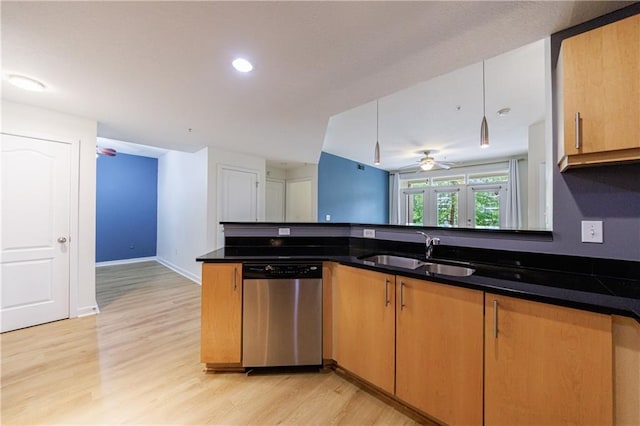 390 17th St NW Unit 2053, Atlanta, GA 30363 - kitchen with dishwasher, light wood-style floors, ceiling fan, brown cabinetry, and a peninsula