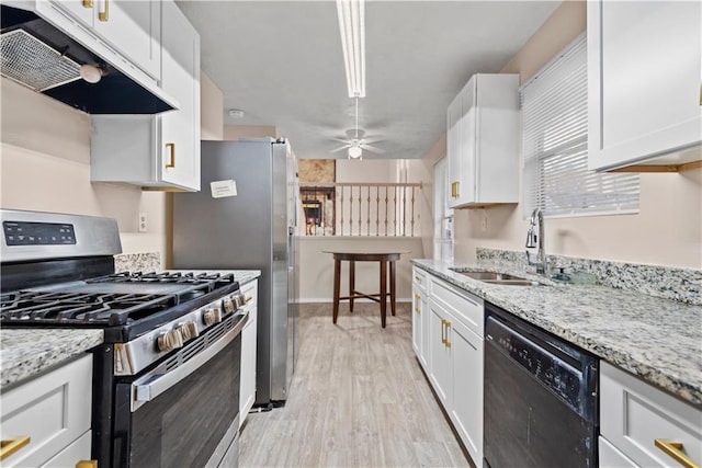 kitchen with under cabinet range hood, a sink, white cabinets, dishwasher, and gas stove