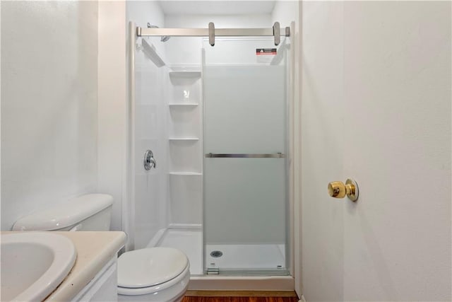 bathroom featuring toilet, a stall shower, and vanity