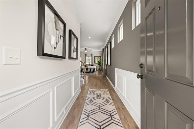 corridor featuring crown molding, wainscoting, light wood-style flooring, and a decorative wall