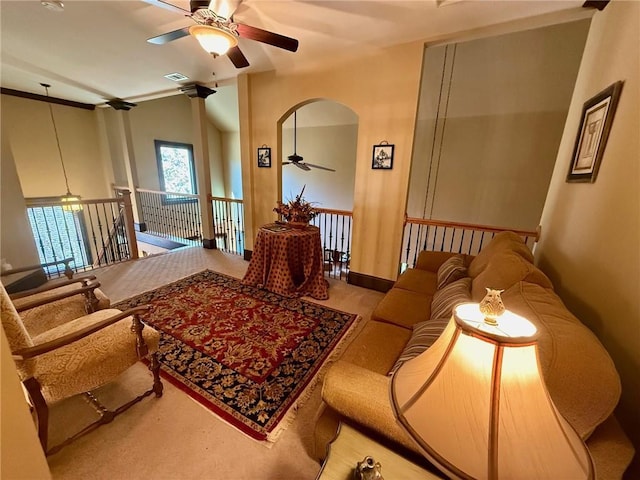 136 Timothy Park Ln, Athens, GA 30606 - living room featuring a ceiling fan, arched walkways, and carpet