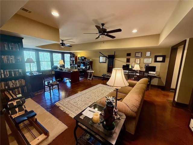 136 Timothy Park Ln, Athens, GA 30606 - living room with an office area, ceiling fan, baseboards, and recessed lighting