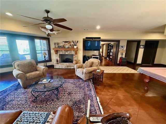 136 Timothy Park Ln, Athens, GA 30606 - tiled living room featuring a ceiling fan, baseboards, a stone fireplace, and recessed lighting