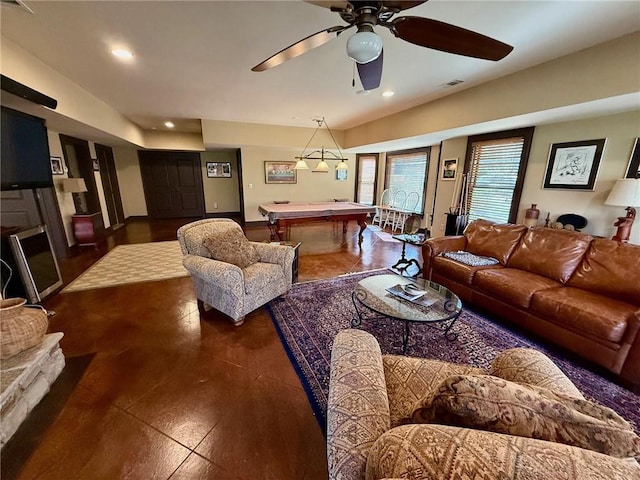 136 Timothy Park Ln, Athens, GA 30606 - living area featuring billiards, recessed lighting, ceiling fan, and dark tile patterned flooring
