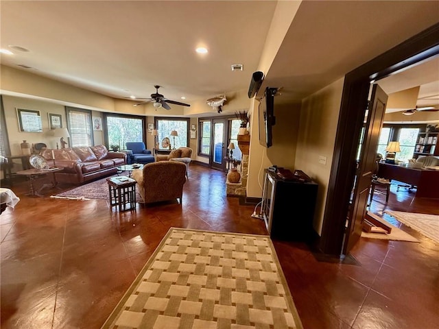 136 Timothy Park Ln, Athens, GA 30606 - living room featuring dark tile patterned flooring, a ceiling fan, and recessed lighting