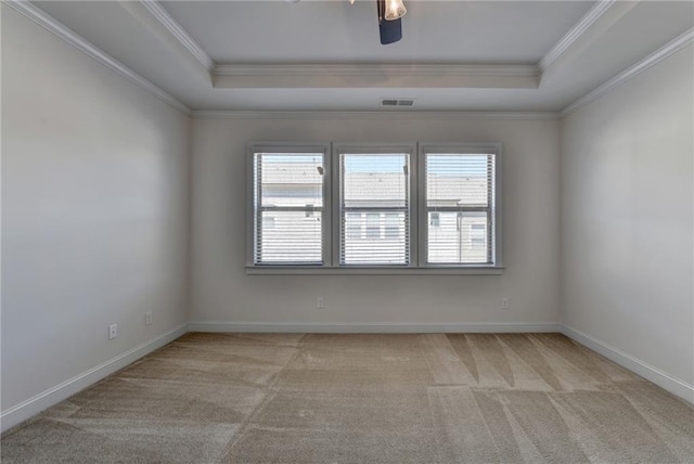 spare room with light carpet, a raised ceiling, and crown molding