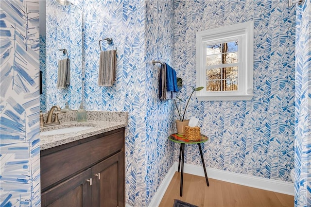 bathroom with wood-type flooring and vanity