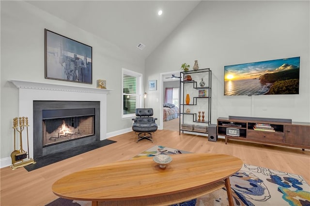 living room featuring wood-type flooring and high vaulted ceiling