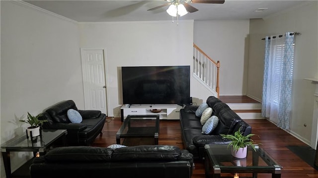 living room with crown molding, ceiling fan, and dark hardwood / wood-style flooring