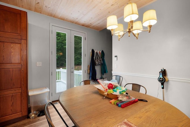 dining space with wood ceiling, ornamental molding, wood finished floors, and a chandelier