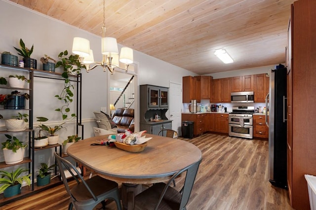 dining room featuring wood ceiling, stairs, wood finished floors, and a notable chandelier