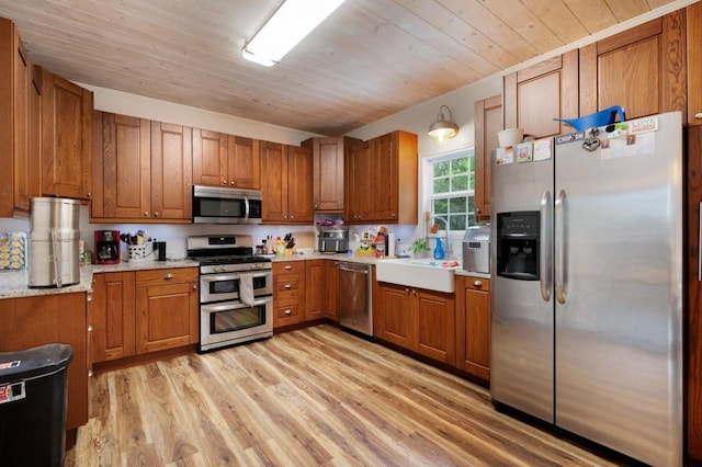 kitchen featuring appliances with stainless steel finishes, a sink, brown cabinetry, light wood-style flooring, and wood ceiling