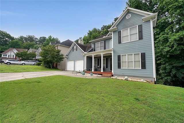 4321 Clairesbrook Ln, Acworth, GA 30101 - traditional-style home with a porch, concrete driveway, a garage, a front lawn, and a chimney