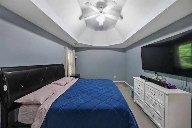 4321 Clairesbrook Ln, Acworth, GA 30101 - bedroom with a tray ceiling, light carpet, ceiling fan, and baseboards