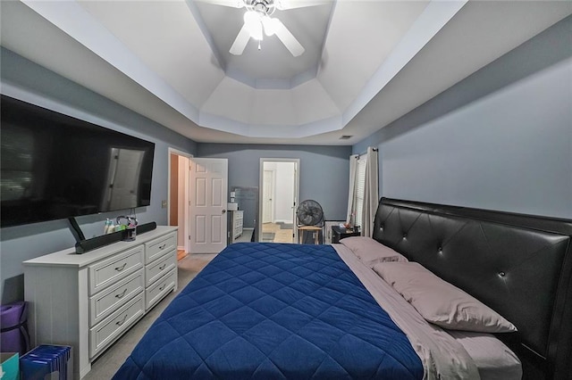 4321 Clairesbrook Ln, Acworth, GA 30101 - bedroom with a raised ceiling, light carpet, and ceiling fan
