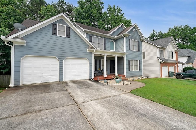 4321 Clairesbrook Ln, Acworth, GA 30101 - traditional home with covered porch, concrete driveway, a front lawn, and an attached garage