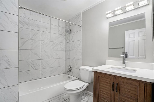 full bathroom featuring tiled shower / bath combo, vanity, and toilet