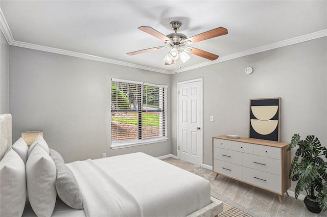 bedroom with crown molding, light carpet, and ceiling fan