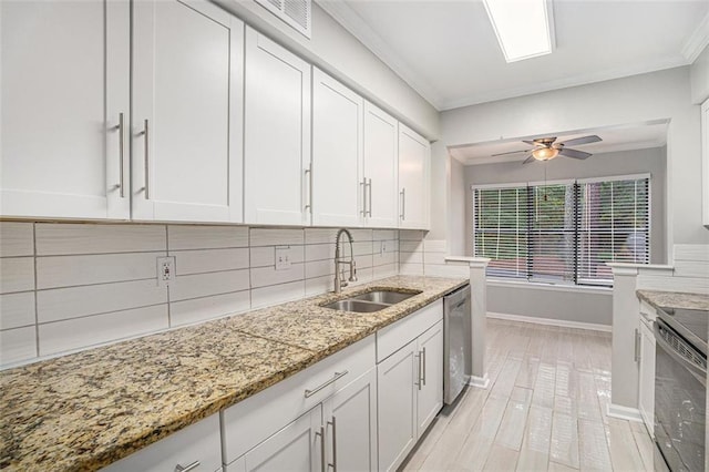 kitchen with white cabinetry, dishwasher, sink, and crown molding