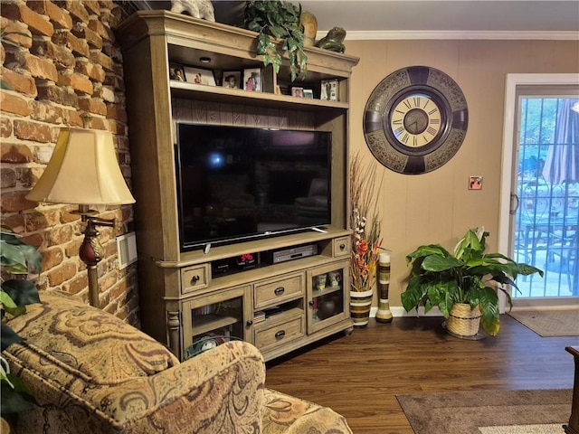 4094 Carlisle Pl, Stone Mountain, GA 30083 - living room with dark wood-style floors and ornamental molding
