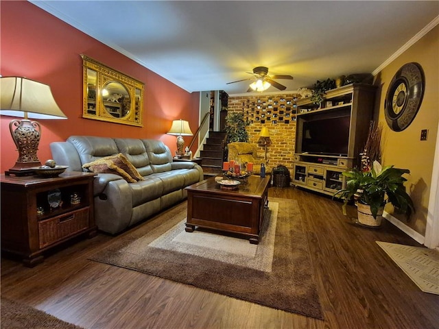 4094 Carlisle Pl, Stone Mountain, GA 30083 - living area featuring ornamental molding, ceiling fan, wood finished floors, and stairway