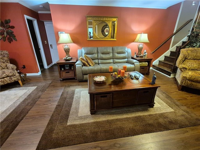 4094 Carlisle Pl, Stone Mountain, GA 30083 - living area with wood finished floors, stairs, and crown molding