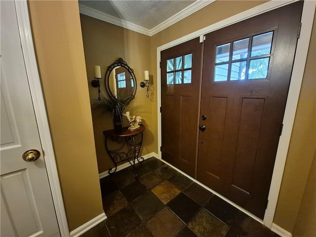4094 Carlisle Pl, Stone Mountain, GA 30083 - foyer entrance with stone tile floors, a textured ceiling, and ornamental molding