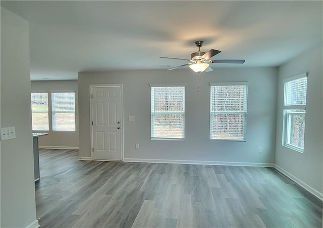 spare room with ceiling fan and light wood-type flooring