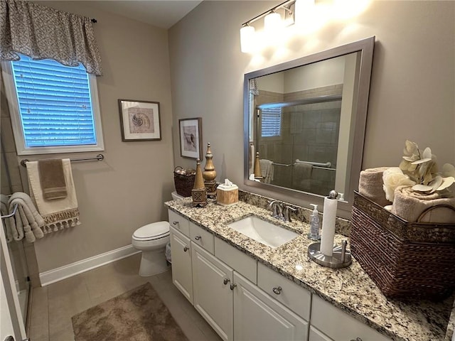 bathroom featuring tile patterned flooring, a shower stall, vanity, baseboards, and toilet