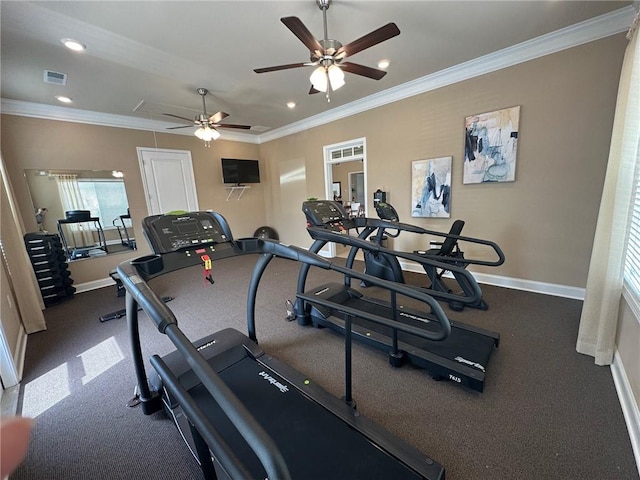 exercise room with visible vents, baseboards, attic access, ceiling fan, and recessed lighting