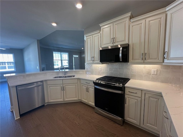 kitchen with tasteful backsplash, a sink, a peninsula, stainless steel appliances, and dark wood-type flooring