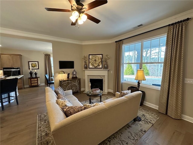 living area with visible vents, ornamental molding, wood finished floors, a fireplace, and ceiling fan