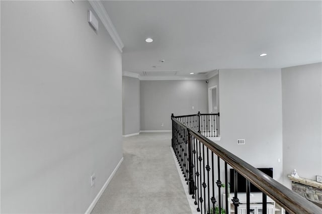5770 Bridleton Xing, Suwanee, GA 30024 - hallway with light colored carpet, ornamental molding, recessed lighting, and baseboards