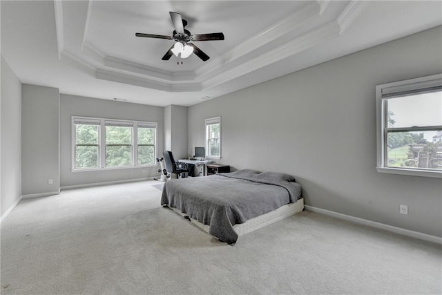 5770 Bridleton Xing, Suwanee, GA 30024 - bedroom with a tray ceiling, crown molding, an office area, carpet flooring, and baseboards