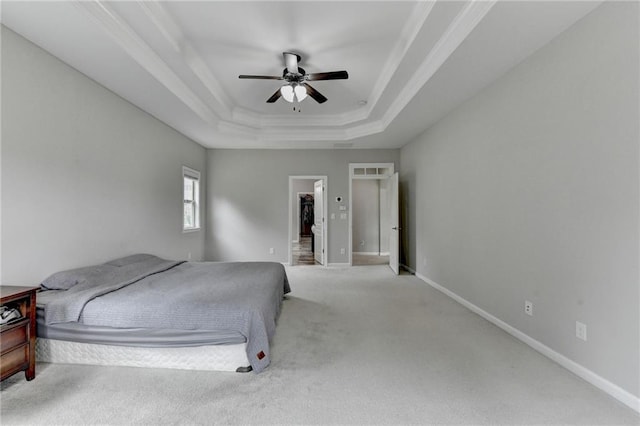 5770 Bridleton Xing, Suwanee, GA 30024 - carpeted bedroom featuring a raised ceiling, baseboards, ornamental molding, and a ceiling fan