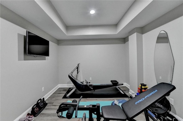 5770 Bridleton Xing, Suwanee, GA 30024 - workout room featuring baseboards, wood finished floors, and a tray ceiling