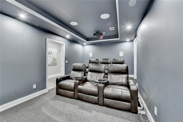 5770 Bridleton Xing, Suwanee, GA 30024 - carpeted home theater room featuring baseboards, a raised ceiling, and recessed lighting