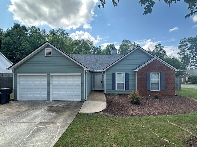 ranch-style home featuring a garage, concrete driveway, a chimney, brick siding, and a front lawn