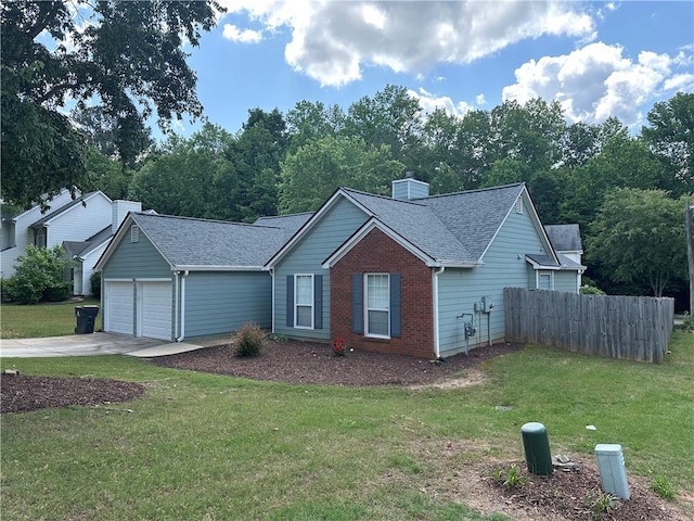 ranch-style home featuring a garage, concrete driveway, roof with shingles, a chimney, and brick siding
