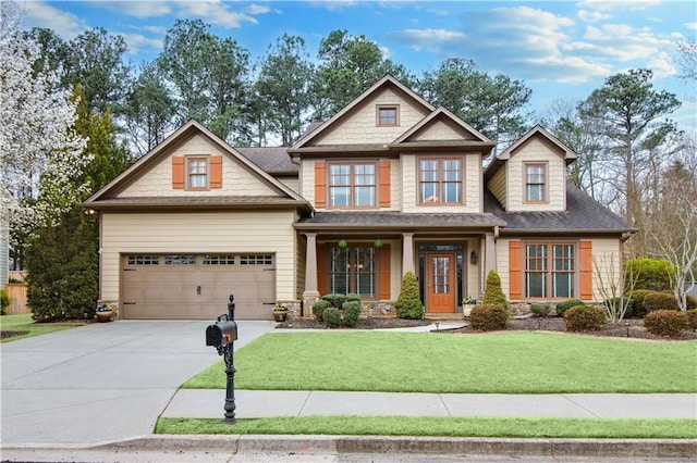 craftsman-style home featuring an attached garage, driveway, and a front lawn