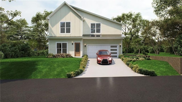 view of front facade featuring an attached garage, a front lawn, board and batten siding, and driveway