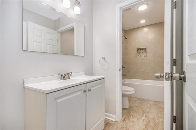 full bath featuring tile patterned floors, visible vents, toilet, washtub / shower combination, and vanity