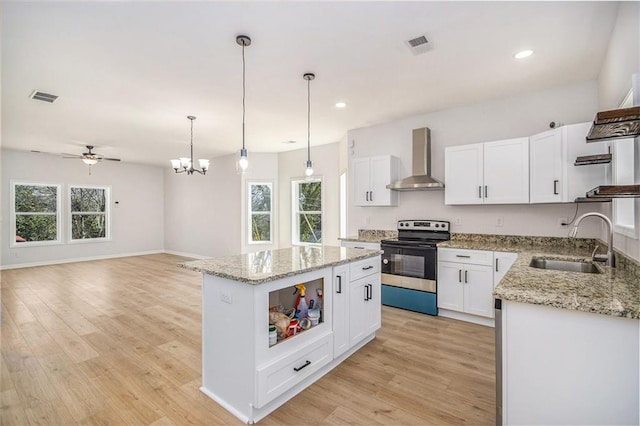 kitchen with visible vents, electric stove, open shelves, a sink, and wall chimney exhaust hood