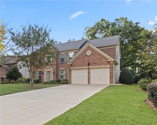 view of front of property featuring a front yard, concrete driveway, brick siding, and an attached garage