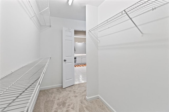 walk in closet with light colored carpet