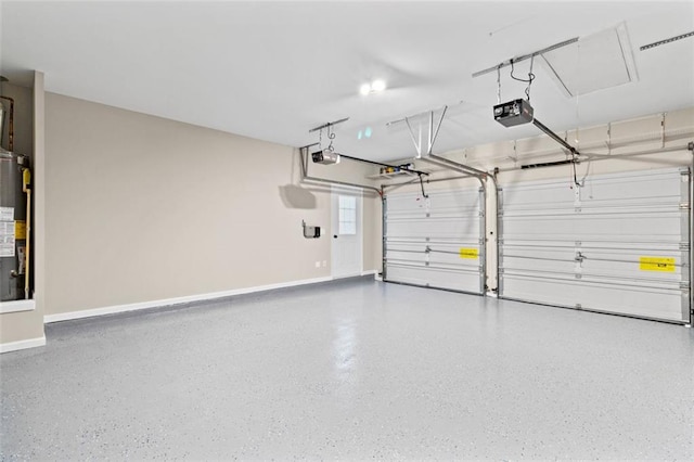 garage with water heater, baseboards, and a garage door opener