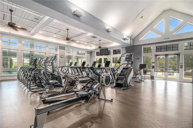 1000 Eight Knot Ct, Greensboro, GA 30642 - exercise room featuring ceiling fan, beamed ceiling, and french doors