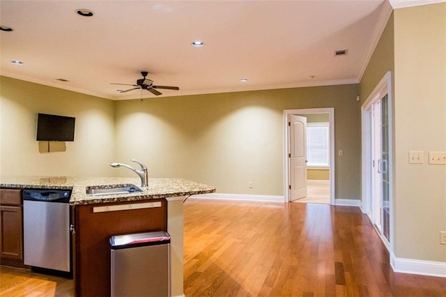 105 Maplecrest Ln, Rome, GA 30161 - kitchen featuring dishwasher, crown molding, ceiling fan, light wood-type flooring, and open floor plan