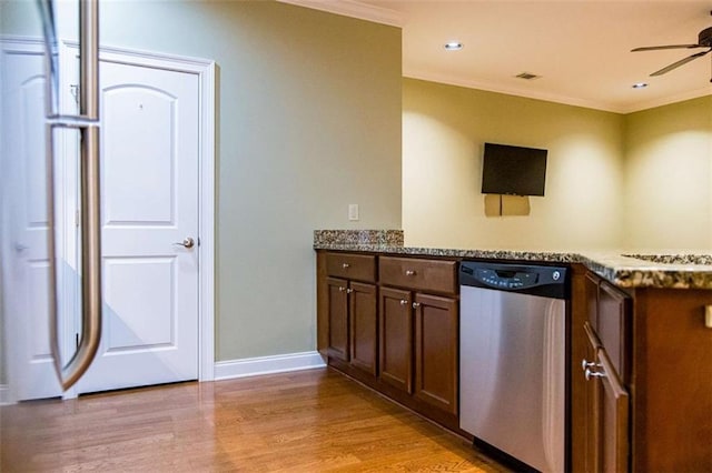 105 Maplecrest Ln, Rome, GA 30161 - kitchen with stainless steel dishwasher, a ceiling fan, ornamental molding, light wood-type flooring, and recessed lighting